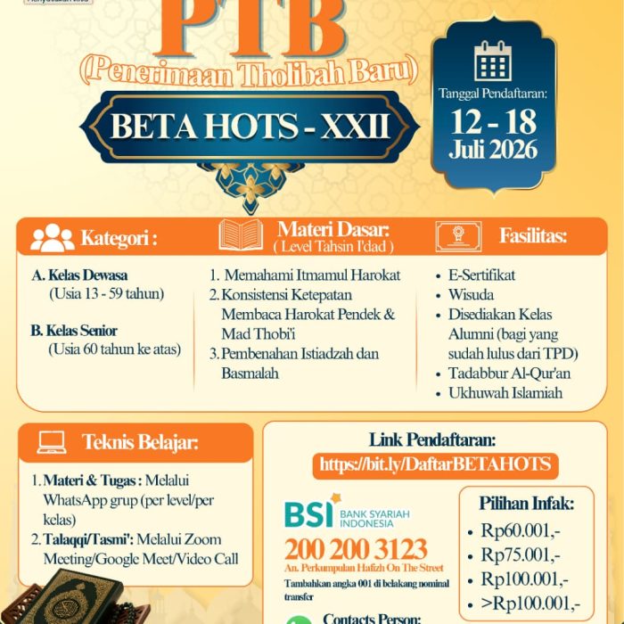 Pendaftaran Tholibah Baru (PTB) BETA HOTS – XXII